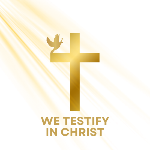 Gold cross with a dove above it on a white background with gold rays.